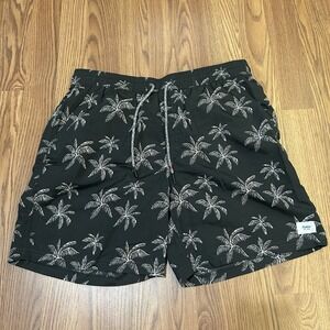 Katin Volley Swim Trunks Mens S Black Palm Tree AOP Drawstring Mesh Lined Shorts